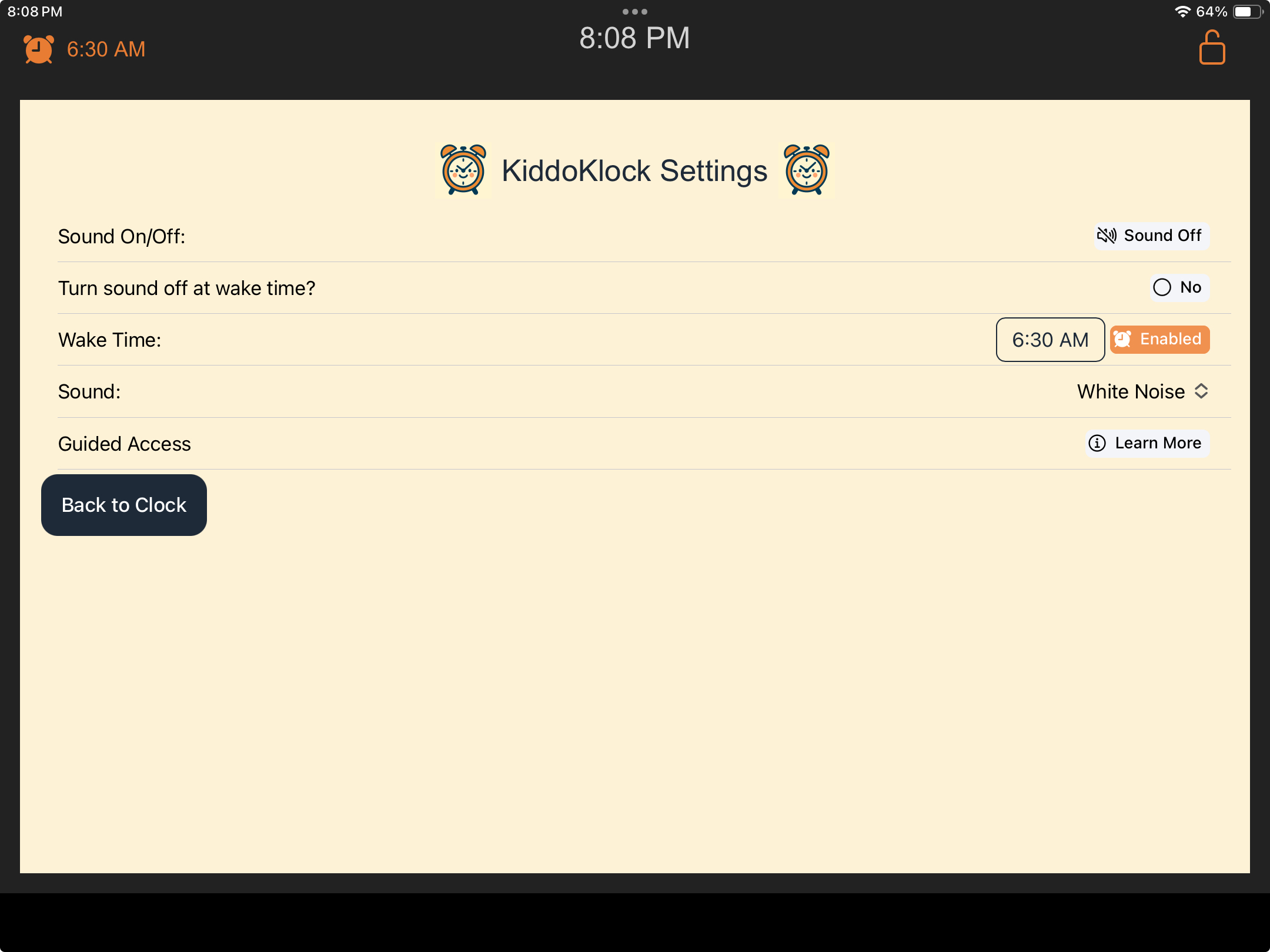 Settings screen: wake time, sound options, and controls